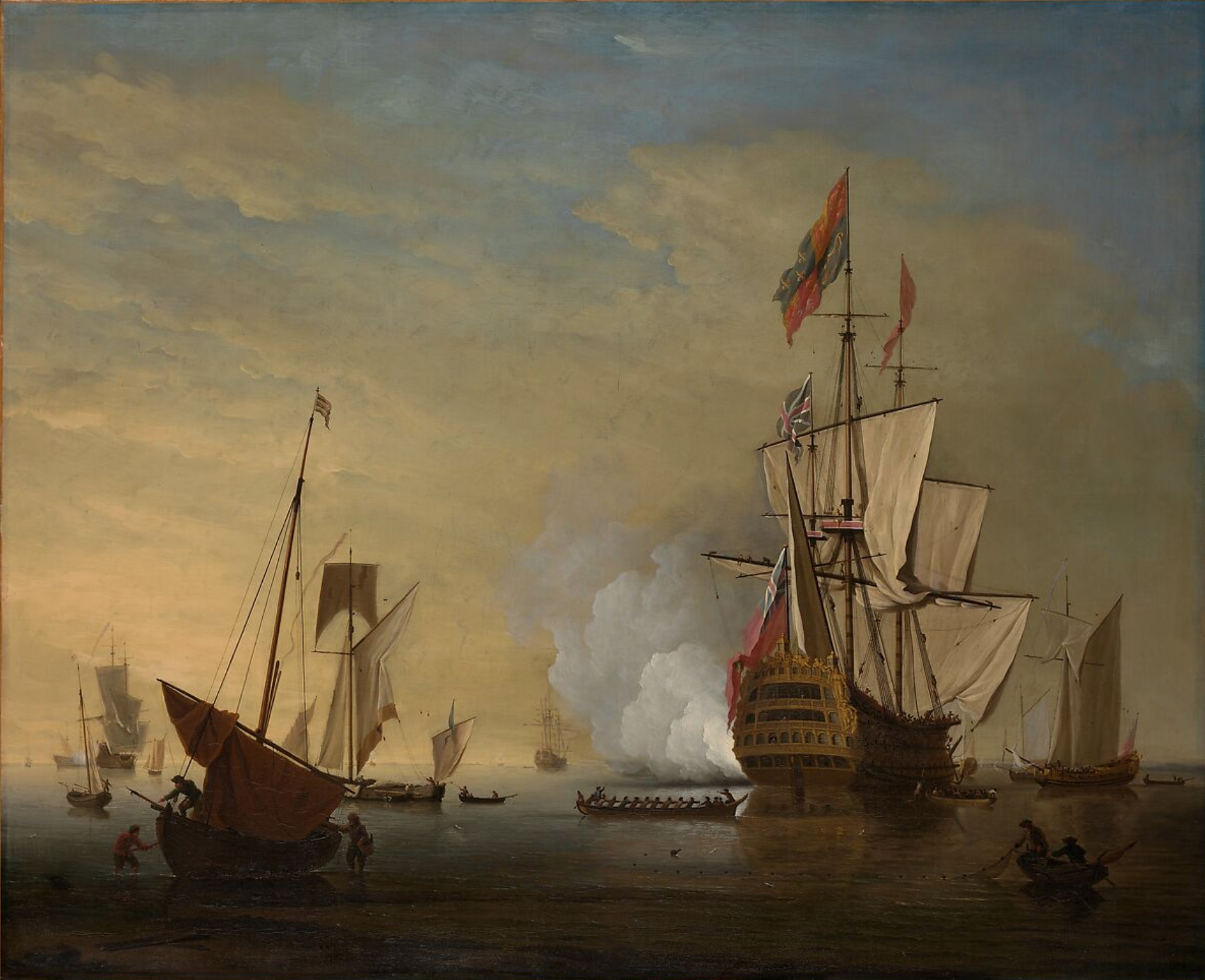 Harbor Scene: An English Ship with Sails Loosened Firing a Gun Peter Monamy, Harbor Scene: An English Ship with Sails Loosened Firing a Gun