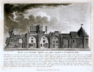 Decorative greyscale image of the ruins of an abbey
