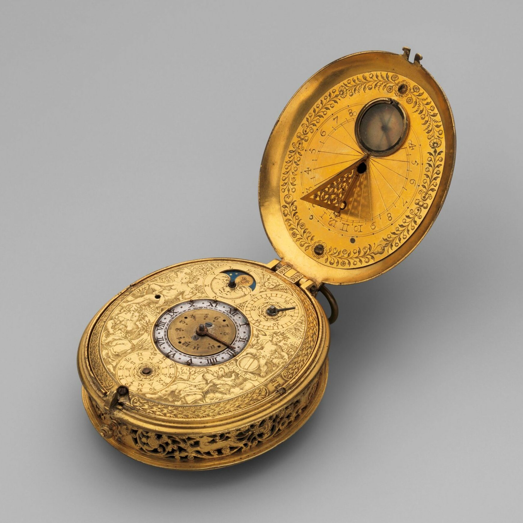 Jan Jansen Bockeltz (died 1626)
Clock-watch with sundial, ca. 1605–10
Dutch, Haarlem, 
Movement of gilt brass and steel, partly blued; case of gilt brass; H. 2-5/8 x W. 2-1/8 in.  (6.7 x 5.4 cm)
The Metropolitan Museum of Art, New York, Gift of J. Pierpont Morgan, 1917 (17.190.1603)
http://www.metmuseum.org/Collections/search-the-collections/194191